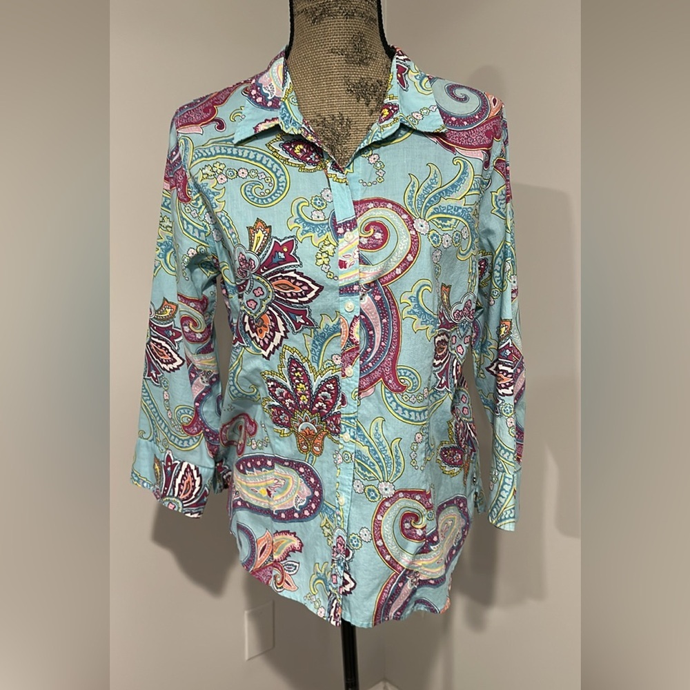 Izod blue paisley 3/4 sleeve button down cotton top size large - Picture 2 of 6